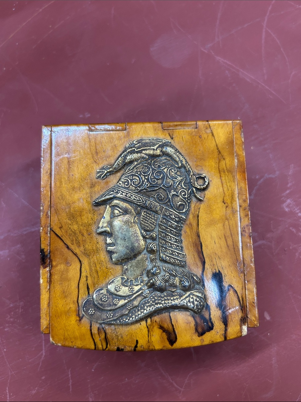 Handsome burl wood box mythological dragon on armored soldier relief